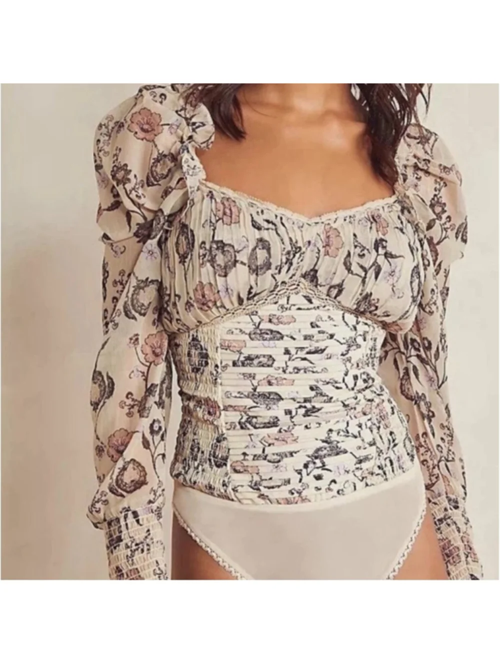 Free People Floral Print Bodysuit - Cream and Black